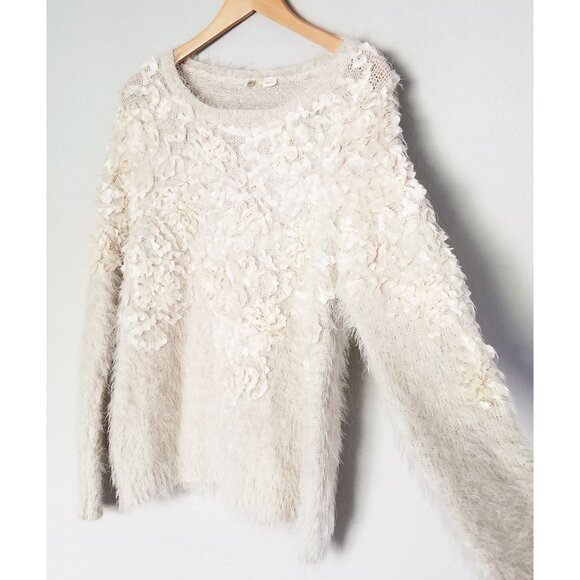 Anthropologie Moth Audrette Eyelash Sweater Pullover 3D Floral Applique Cream L - Picture 8 of 16